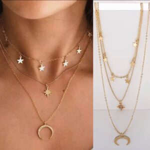 Boho Layered Star & Moon Necklace Set for Women | Multi Layer Gold Chain Choker | Korean Trendy Celestial Jewellery