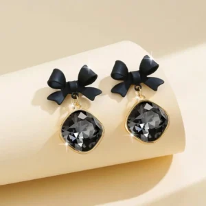 Black bow Korean style crystal drop earrings for women elegant party wear jewelry
